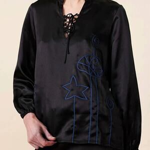 NWT Lingua Franca Hudson Embroidered Silk Popover Shirt Black Size: Large